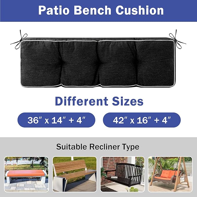 Bench Cushions for Outdoor Furniture, 42 x 16 Inch Outdoor Bench Cushion, Patio Bench Cushion with Durable Ties, Long Patio Seat Cushions for Garden, Indoor, Kitchen&Dining, Black
