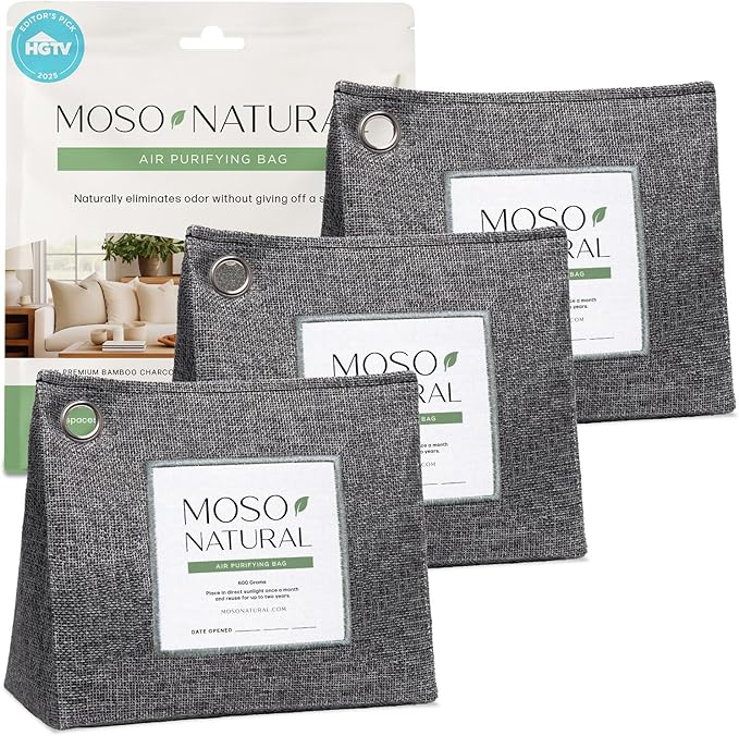 Moso Natural Air Purifying Bag 600g (3 Pack) Premium Bamboo Charcoal Odor Absorber | Pet Odor Eliminator for Home | Room Deodorizer for Large Spaces, Bedroom, Kitchen, Basement | Charcoal Bags