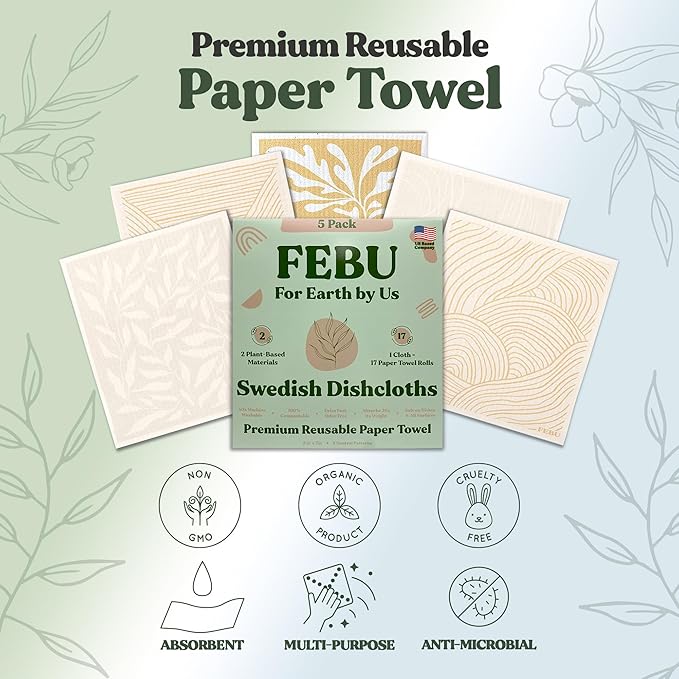 FEBU Swedish Dishcloths for Kitchen | 5 Pack Neutral Reusable Paper Towels Washable | Swedish Dish Towels | Non-Scratch Cellulose Sponge Cloths | No Odor, Biodegradable Cleaning Cloths