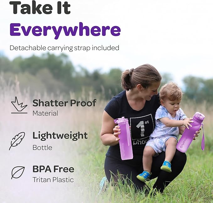 Hydracy Water Bottle with Time Marker -Large BPA Free Water Bottle & No Sweat Sleeve -Leak Proof Gym Bottle with Fruit Infuser Strainer & Times to Drink -Ideal for Fitness Sports & Outdoors