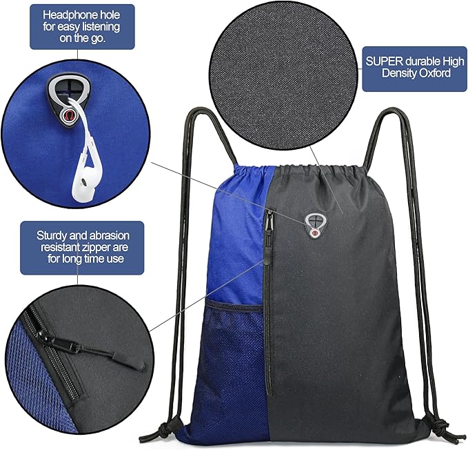 BeeGreen Royalblue Drawstring Backpack Gym Bag For Men & Women – Sports Sackpack with Mesh Water Bottle Holder & 2 Zippered Pockets – Large 16x20 Inch Cinch String Backpack