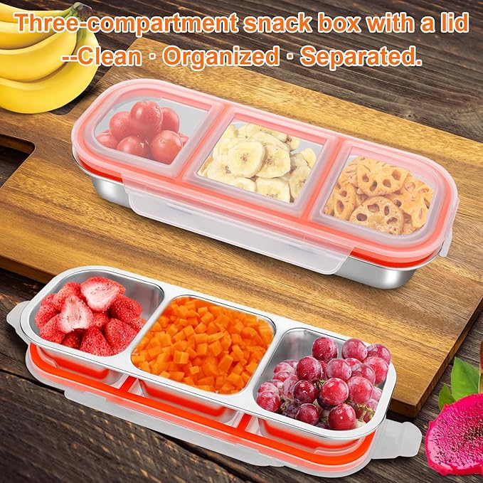 4 Pack Stainless Steel Snack Containers, 3 Compartment Food Container, Compartment Food Storage Box with Lids, Stackable Leakproof Divided Lunch Containers for Kids, Adults for School, Work, Travel