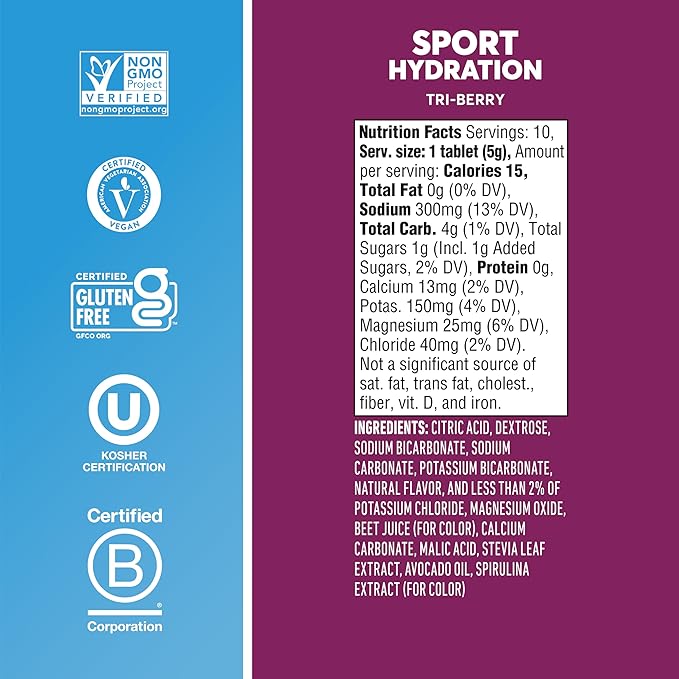 Nuun Sport Electrolyte Tablets with Magnesium, Calcium, Potassium, Chloride & Sodium, Gluten Free & Vegan, Tri-Berry, 8 Pack (80 Servings Total)