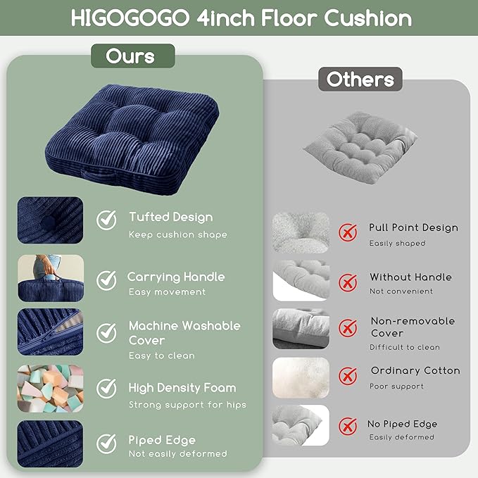 Washable Floor Pillow Cushion for Adults, Meditation Cushion Pillow, Large Square Floor Sitting, Removable Tufted Corduroy Cover, for Tatami Living Room or Yoga, 22x22 Inch, 2Pack, Machine Washable
