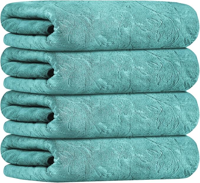 JML Microfiber Bath Towels, Bath Towel 4 Pack(30" x 60"), Oversized, Soft, Super Absortbent and Fast Drying, Multipurpose Use for Sports, Fitness, Yoga, Green-Floral Embossed