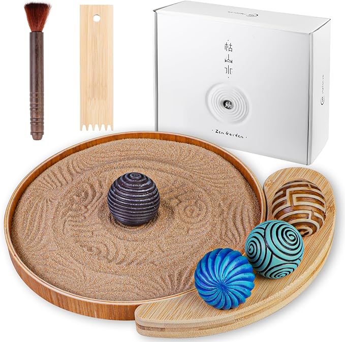 Melonva Mini Zen Garden for Desk - 9.5''x9.5'' Automatic Desk Sand Tray Therapy Kit with 4 Stamp Spheres
