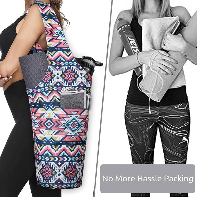 Fashion Printed Yoga Mat Bag with Large Side Pocket & Zipper Pocket Long Tote Yoga Bag Fit Most Size Mats - Holds More Yoga Accessories