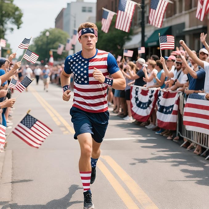 ONUPGO 5 Pieces Sweatbands Striped Socks Set Sports Headband Wristbands High Tube Socks 80s Accessories Costumes