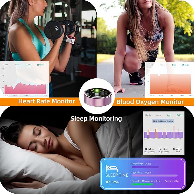 Smart Ring For Women Men, Health Tracker with Heart Rate, Blood Oxygen, Blood Pressure, Sleep Monitor, Step Counting, IP68 Waterproof Fitness ring, No App Fees for iPhone & Android (Black, 11#)