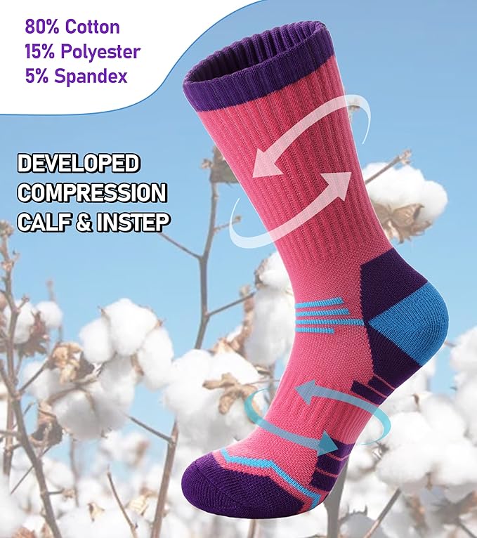 FNOVCO Women's Hiking Walking Running Crew Socks Thick Cushioned Athletic Compression Socks 5 Pairs