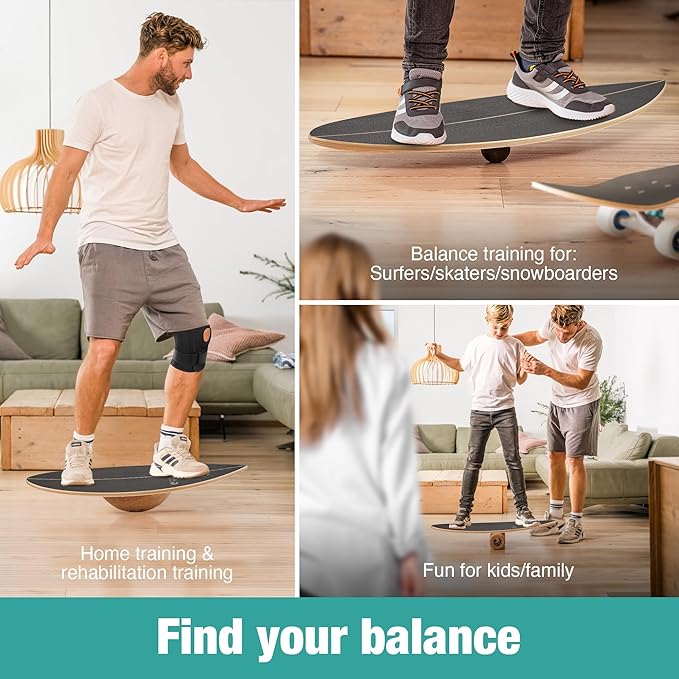 Wooden Balance Board - unique [incl. corc roller, corc hemisphere and balance ball] Balance Board Kids - Balance Boards for Adults - Indo Board Mobo Board Gibbon Board Giboard Slackboard Balancing