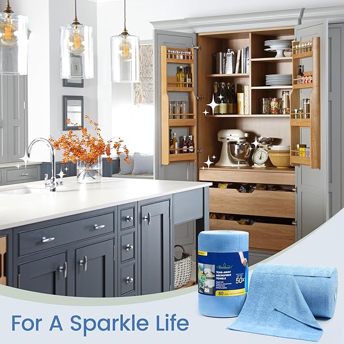 Greenfound Microfiber Cleaning Cloth Roll -80 Pack, 11.5x11.5, Tear Away Towels, Reusable and Washable Rags, Blue