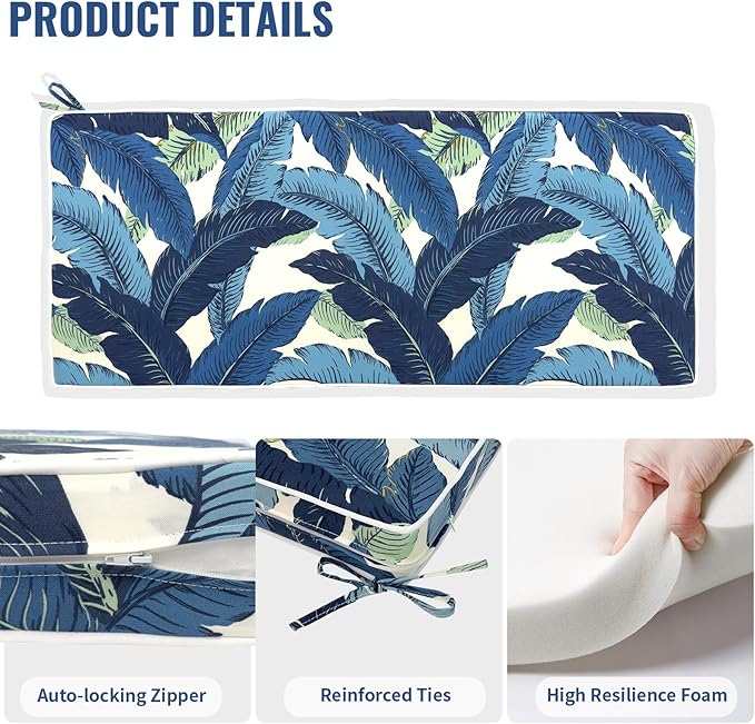 Outdoor Bench Cushion, Patio Furniture Cushion 42 x 18 x 3 Inch, Water Resistant Garden Sofa Swing Pad Settee Loveseat Couch Replacement Cushion, 1 Pack, Swaying Palms Blue