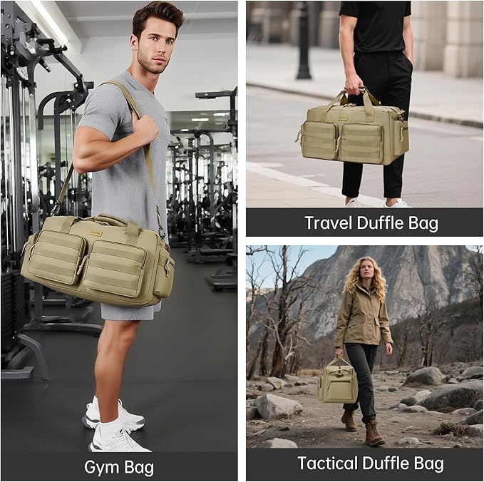 Duffle Bag for Men Women, Gym Bags & Tactical Duffle Bag with Shoe Compartment, Weekender Overnight Bag for Travel Workout, Khaki