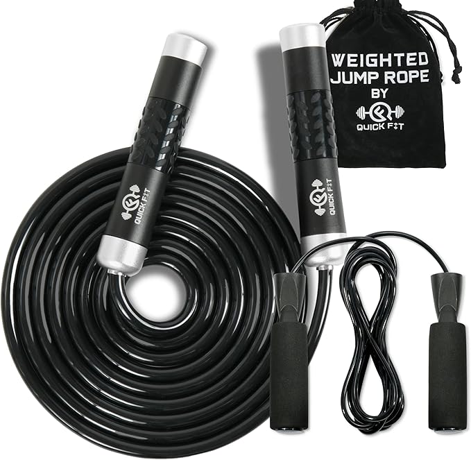 Quick Fit Weighted Jump Rope Set of 2 (1LB) w/ Non-Weighted Skipping Cord - Portable Exercise Accessory for Cardio, HIIT, Endurance - Fun Workout Aid for Burning Heavy Calories - Ball Bearing Handles
