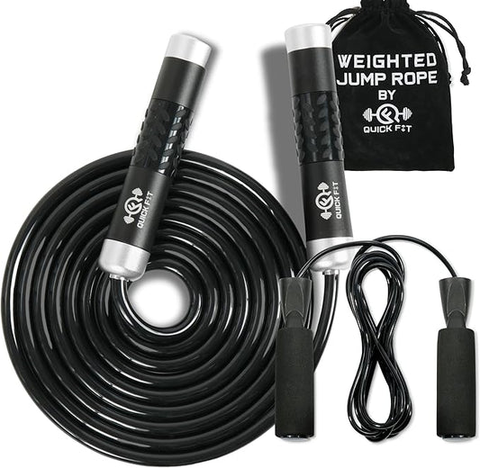 Quick Fit Weighted Jump Rope Set of 2 (1LB) w/ Non-Weighted Skipping Cord - Portable Exercise Accessory for Cardio, HIIT, Endurance - Fun Workout Aid for Burning Heavy Calories - Ball Bearing Handles