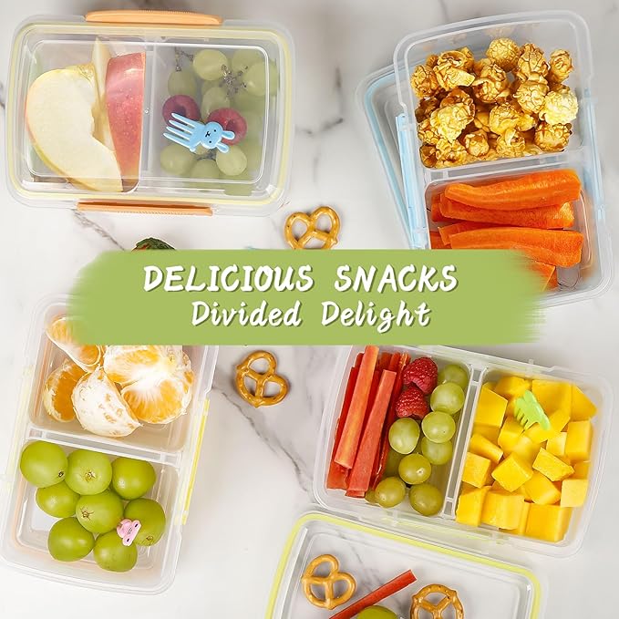 4 Pack Plastic Snack Containers with Lids, 2 Compartment Food Container for Kids Snack Box, Travel Bento Lunch Containers with forks for Fruits/Candies, Divided Food Storage Containers for School