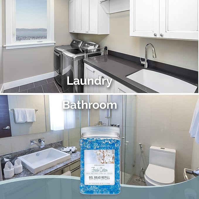 SMELLS BEGONE 48 oz Odor Eliminator Gel Bead Refill - Eliminates Odors from Bathrooms, Cars, Boats, RVs & Pet Areas - Made with Essential Oils - Fresh Cotton Scent