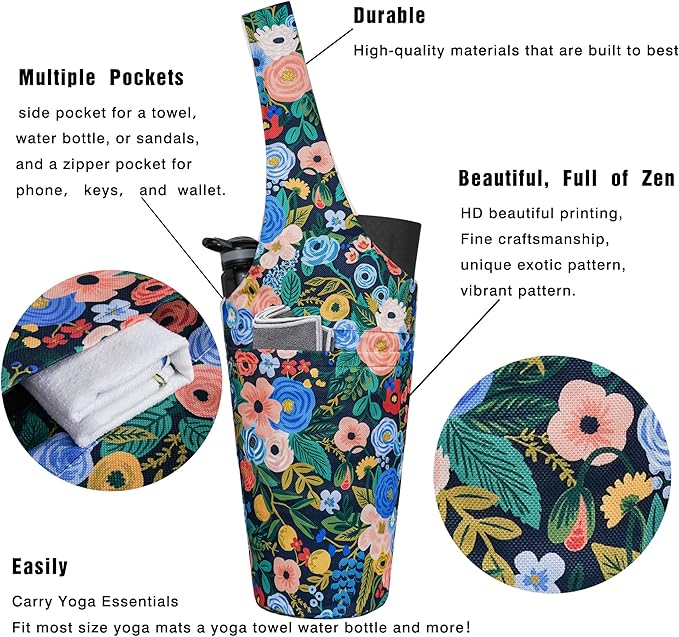 Fashion Printed Yoga Mat Bag with Large Side Pocket & Zipper Pocket Long Tote Yoga Bag Fit Most Size Mats - Holds More Yoga Accessories