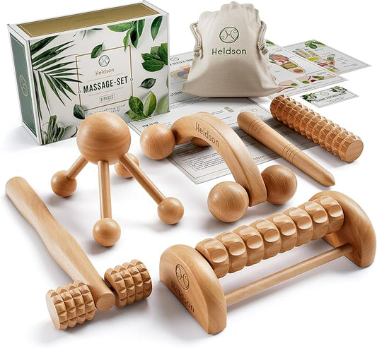 HELDSON® Wooden Therapy Massage Tools [6 Pieces] - Wood Rollers for Body Sculpting - Lymphatic Drainage Massager - Cellulite Tool - Maderoterapia Kit - Back Rolling Stick - Wellness Gifts Women, Men