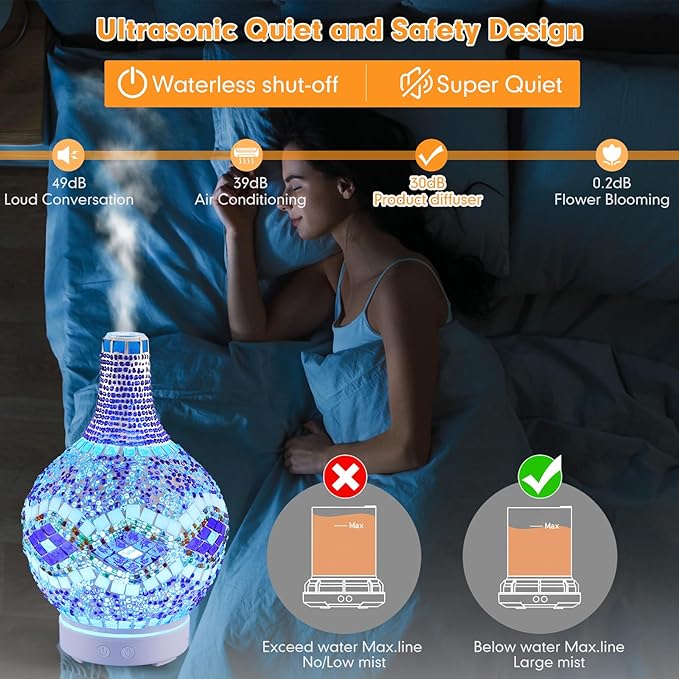 Tiffany Essential Oil Diffuser,Mosaic Glass Aromatherapy Diffuser Cold Air Ultrasonic Diffuser Turkish Moroccan Essential Oils for Diffusers for Home Office SPA
