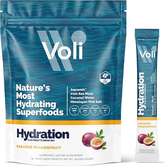 Voli Electrolytes Powder Packets | No Added Sugar Electrolyte Drink Mix for Hydration | Keto & Fasting Friendly, Natural Superfoods & Minerals | Passionfruit, 15-Count