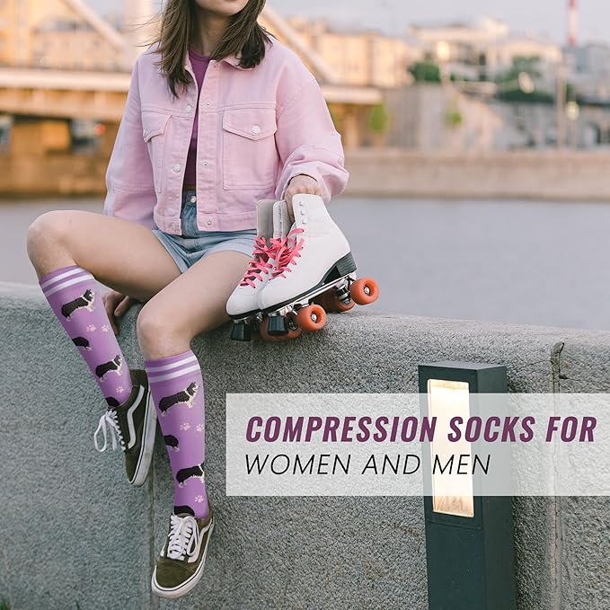 fenglaoda Compression Socks Women Men 4 Pairs, Knee High Support Socks for Running, Sports, Travel, Flight, Nurse