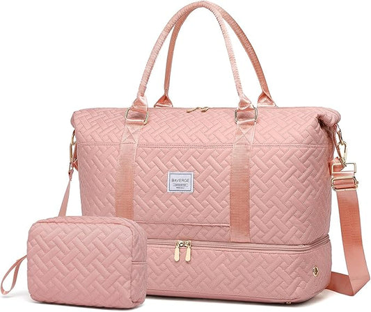 Duffle Bag for Travel, Weekender Bag with Shoe Compartment, Carry On Overnight Bag for Women with Toiletry Bag, Gym Bag with Wet Pocket, Hospital Bags for Labor and Delivery Beige