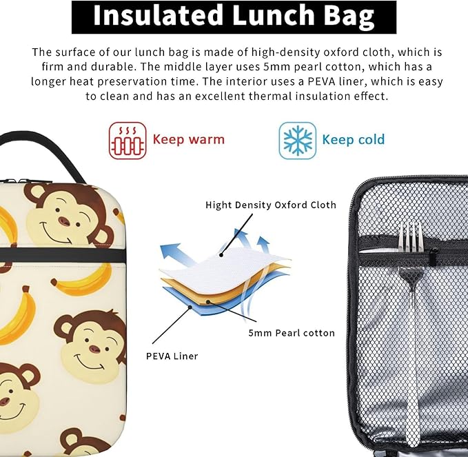 Cute Cartoon Monkey Lunch Box for Women Girls Kids, Insulated Cooler Monkey and Banana Lunch Bag for School, Picnic, Office, Travel, Work, Portable Reusable Polyester Thermal Tote Lunch Bags