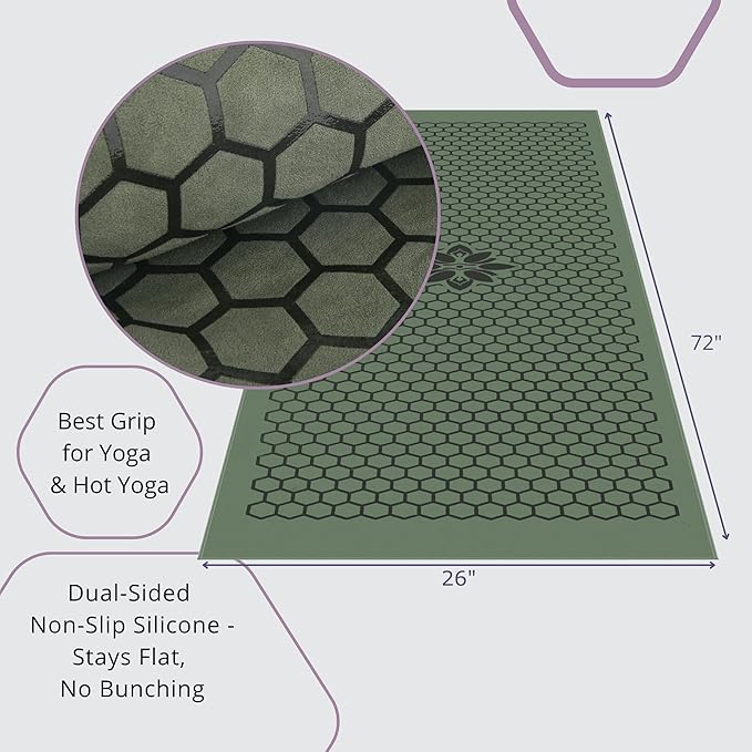 Clever Yoga Hot Yoga Mat Towel – Non-Slip Grip for Hot Yoga, Sweat Absorbent, Honeycomb Silicone Grip, Stays Flat – Ideal for Pilates, Travel, Washable & Lightweight - Olive