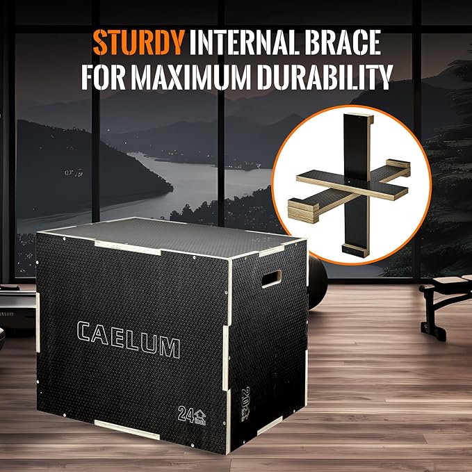 CAELUM 3-in-1 Wood Plyo Box - Non-Slip Plyometric Jump Box for Home & Gym, 400lbs Bearing Fitness Launch Box for Jumping Squats Step-ups Strength Training