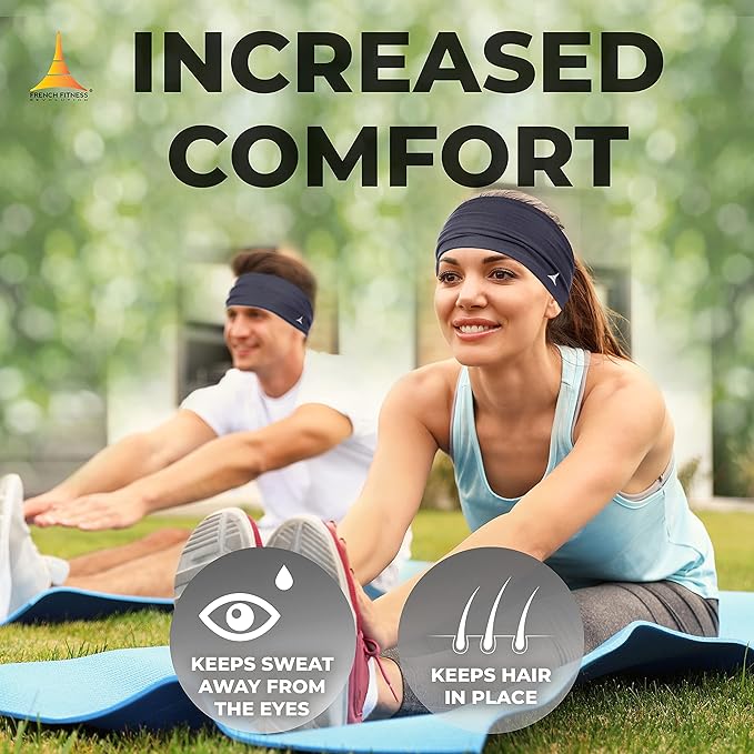 French Fitness Revolution - Stretchy Sports Headband for Men & Women - Guys Sweatband for Running, Cycling, Basketball, Yoga, Fitness - Moisture Wicking Workout Hairband - Made in Europe