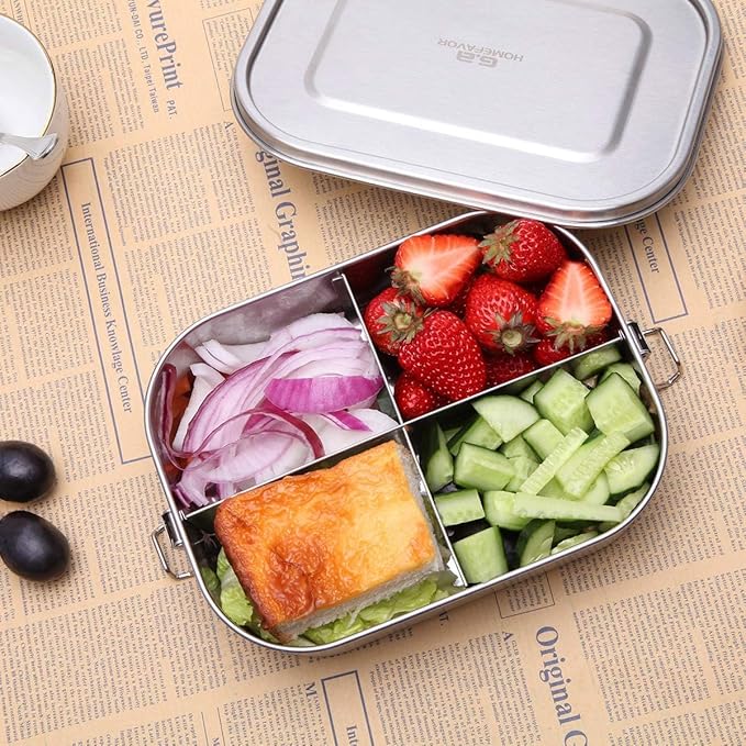 G.a HOMEFAVOR Stainless Steel Bento Lunch Box, Metal Lunch Container with 4-Compartment, 1400 ml, Ideal for Work & Travel, Meal Prep, Leak Proof, Dishwasher Safe