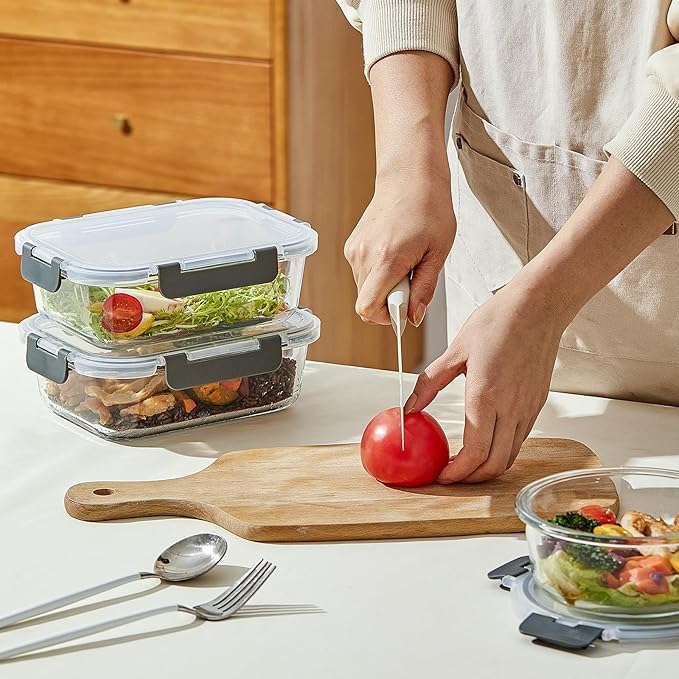 10 Pack 22 oz Glass Meal Prep Containers, Glass Food Storage Containers with Lids, Reusable Airtight Leakproof Lunch Bento Boxes Freezer, Microwave Oven and Dishwasher, Gray