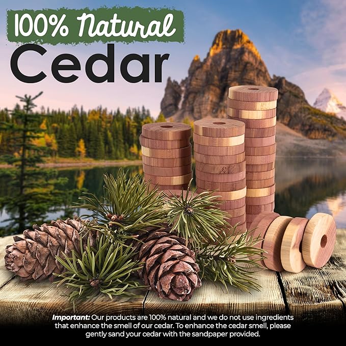 ecoKiwi Cedar Blocks for Clothes Storage - 28 Pack Cedar Rings - 100% Natural Aromatic Cedar for Closets & Drawers - Red Cedarwood Oil Scented Chips with Sandpaper - Cedar Planks Freshener Deodorizer