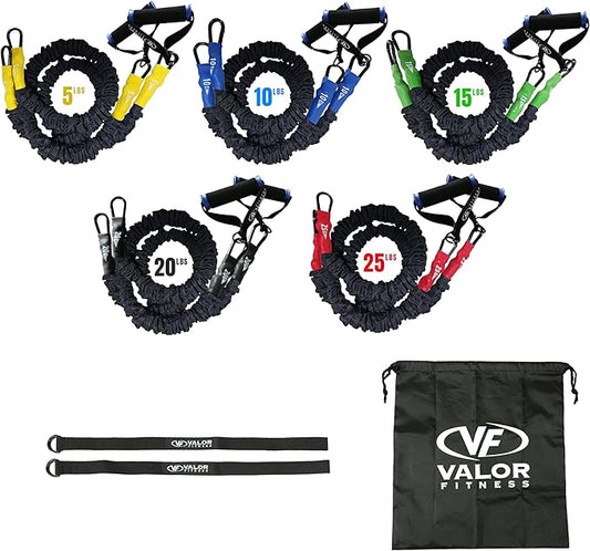 Valor Fitness Resistance Bands - 5lb to 25lbs - Carabiners Attached & 2 Bands per Weight Option with Handles– Sheath Covered - Strength Training New Compact 39" Design - Wall Door Rack Mount Options