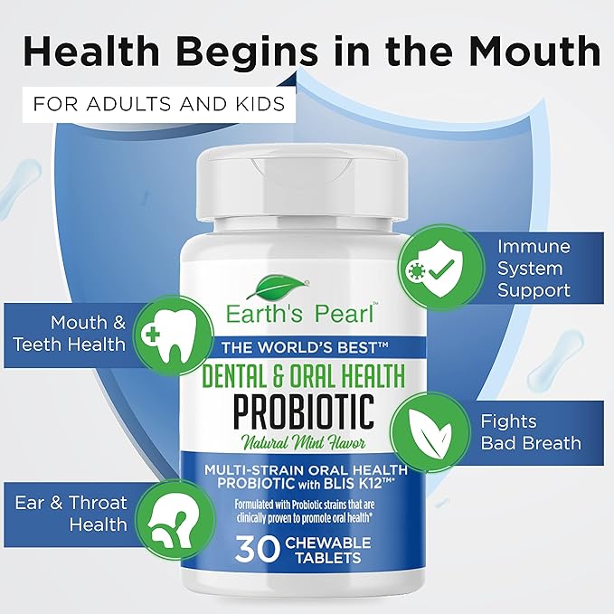 Earth's Pearl Dental Probiotic with BLIS K12 - Oral Probiotics for Oral Health with Mint Flavor - 30-Day Supply of Dental Probiotics for Bad Breath and Dental Health - Children and Adult Oral Care