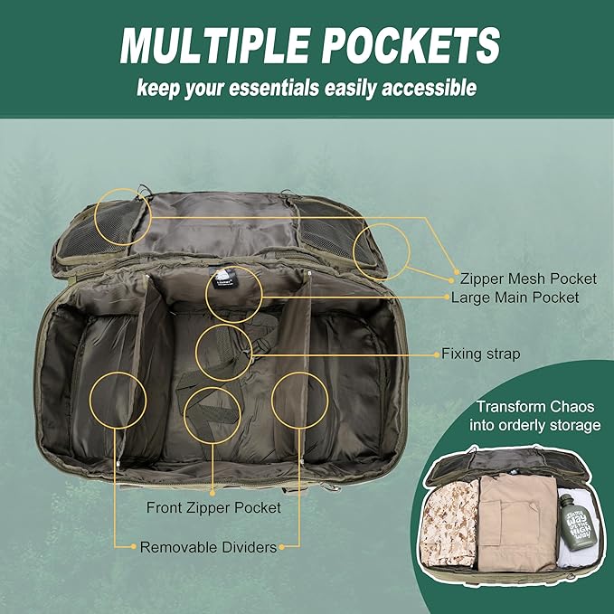 Gym Bag Duffle Bags Backpack Travel Duffle Bag with Weekend Overnight Bag for Outdoor Tactical Sports Travel Camping Hunting (Green, 60L)