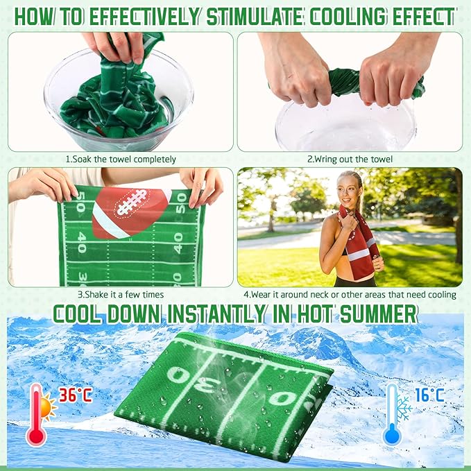 12 Pcs Football Water Bottle Football Cooling Towel Set with 50 Sticker Sports Party Favors Include 6 Reusable Sports Squeeze Water Bottle 6 Ice Towel Breathable Fast Drying for Team Gifts