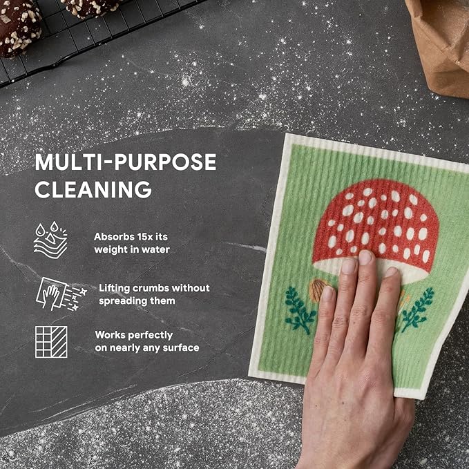 RECYCO Swedish Dishcloths for Kitchen | 6 Packs Forest Mushroom Washable Dish Rags | Cellulose Reusable Cleaning Paper Towels | Absorbent Counter Dish Cloth Sponge Kitchen Wipes, 8" L x 7" W