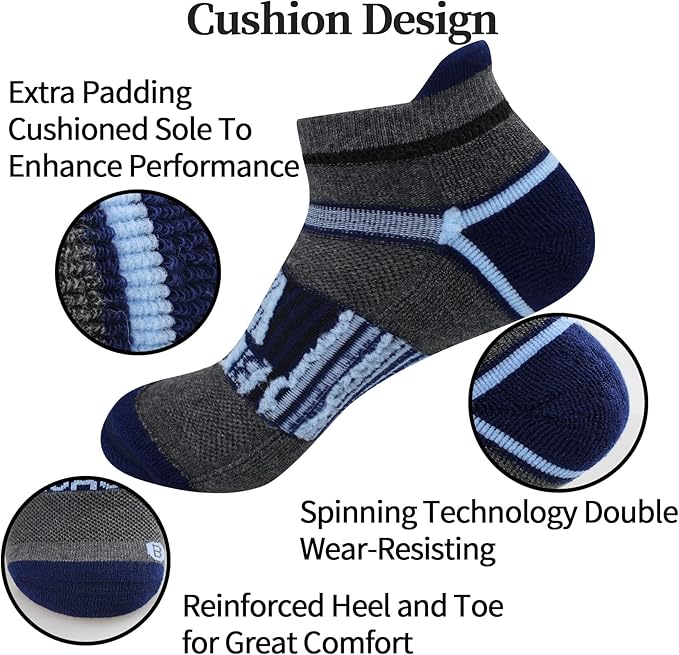 BIOAUM Cushioned Men's Ankle Socks, 6 Pairs Cotton Athletic Sport Breathable Low Cut Socks for Running Size 8-9.5/10-13/12-14