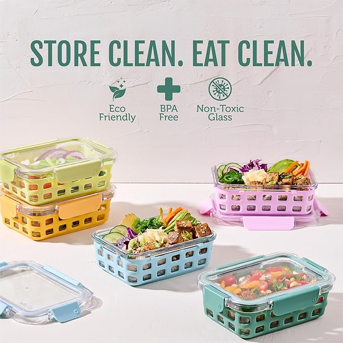 Ello Duraglass 3.4 Cup Meal Prep Sets 10Pc, 5 Pack Set- Glass Food Storage Container with Silicone Sleeve and Airtight BPA-Free Plastic Lids, Dishwasher, Microwave, and Freezer Safe, Meadow