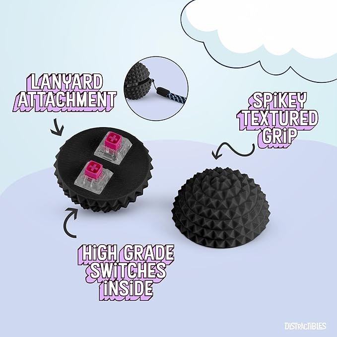 Round Spiked Sensory Fidget Clicker, Tactile Stimming Device with Mechanical Clicky Switches, Lanyard Attachment, Ideal for Pain Stim, ADHD, Autism & Stress Relief (Black, Medium)