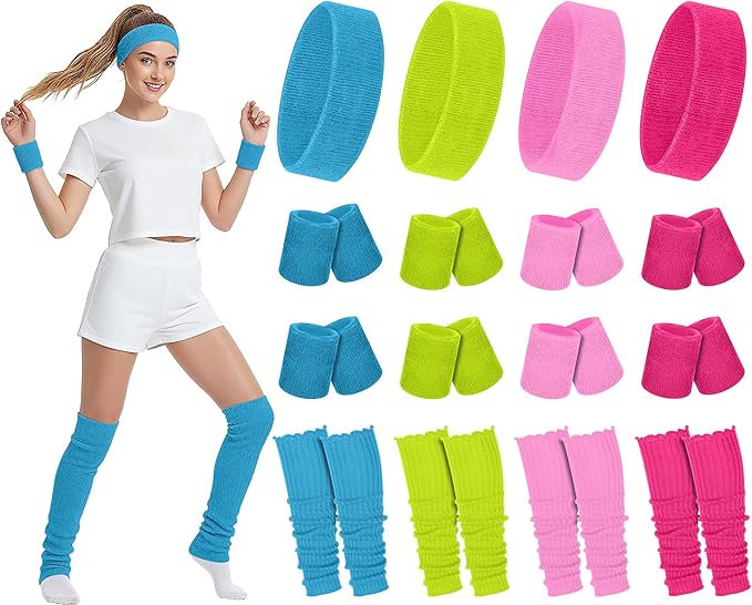 Hillban 4 Set 80s Leg Warmer Workout Set Women Men Neon Headband Rainbow Wristband Outfit Halloween 80s 90s Accessories