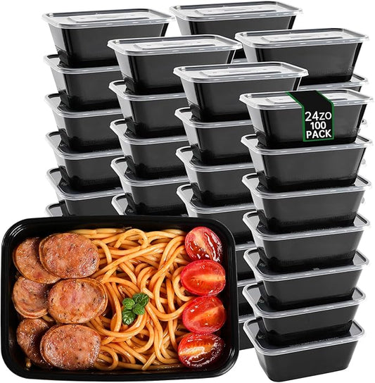 100pc 24 Oz Meal Prep Containers disposable, Plastic Food Take Out Containers With Lid, Take Out Containers Disposable, Reusable food storage containers,Microwave Freezer Dishwasher Safe