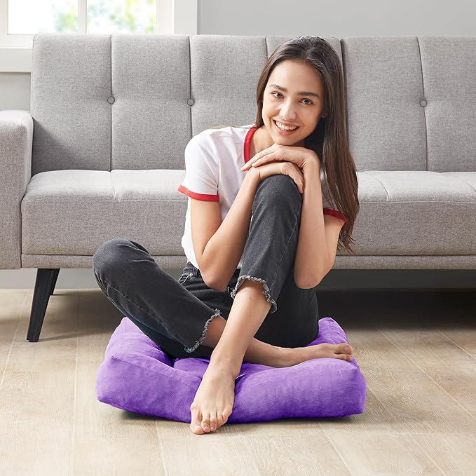 Degrees of Comfort Square Tufted Corduroy Floor Cushions, Large Pillows Seating for Adults, Meditation Pillow for Balcony Tatami Living Room, 22x22 Inch, Purple
