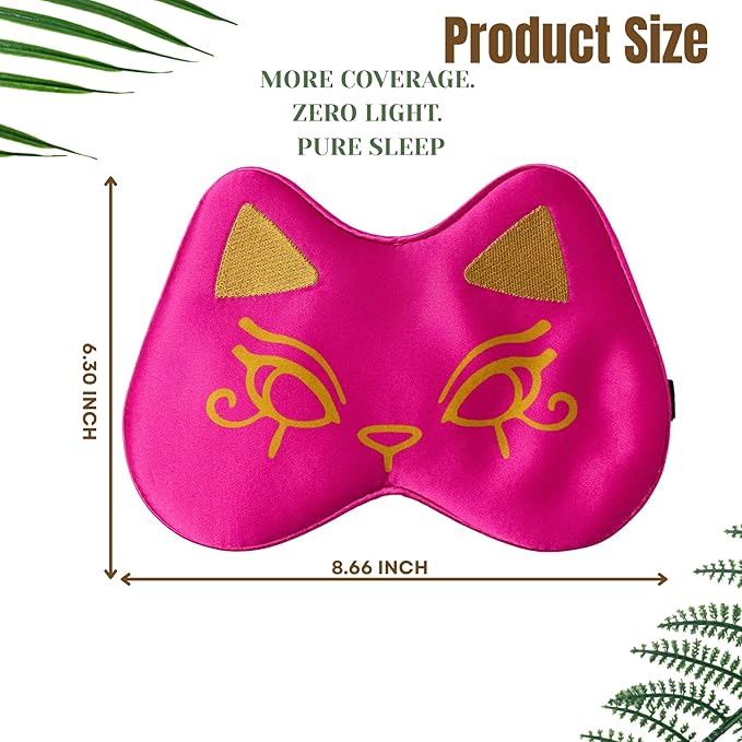 Silk Sleep Mask Blindfold Eye Mask for Sleep Cute Cat Print Embroidered Eye Cover Adjustable Oversized Egyptian Bastet with Gift Box&Pouch（Divine Fuchsia-Elastic Strap）