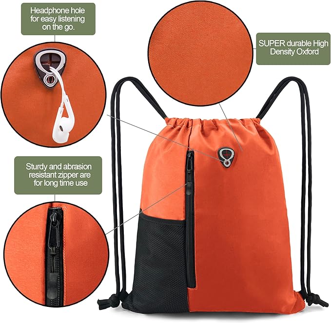 BeeGreen Orange Drawstring Backpack Gym Bag For Men & Women – Sports Sackpack with Mesh Water Bottle Holder & 2 Zippered Pockets – Large 16x20 Inch Cinch String Backpack