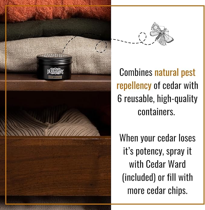 Dr. Killigan's Cedarwood Chip Canisters - Moth Repellent for Closets, Cedar Blocks for Clothes Storage, Drawer Deodorizers, 6 Reusable Tins with Wood Shavings