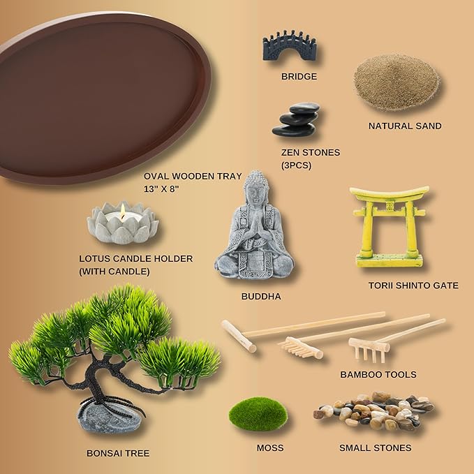 Zen Garden for Desk 13x8in – Japanese Decor with Buddha, Artificial Bonsai Tree, Tools & Accessories – Mini Zen Garden Kit for Office Desk, Home, Meditation Room, Desktop Gift Set